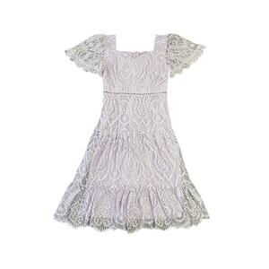 Ticosa Pastel Lavender Lace Tiered Midi Dress SZ Medium Cottagecore Coquette